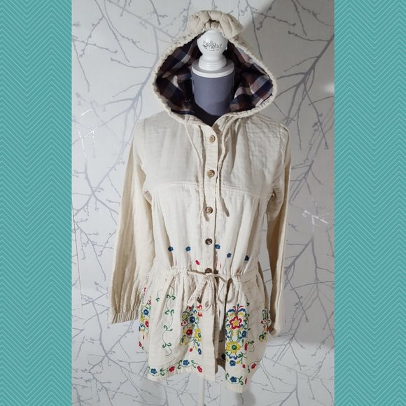 Urban Culture Ivory Floral Embroidered Button Front Cinch Waist Hoodie - Picture 1 of 6